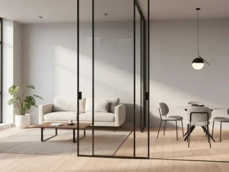 Ușă glisantă din sticlă separă elegant livingul de dining într-o locuință modernă